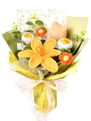 Wishwell Pop Gestrickter Blumenstrauß – Gelbe Tulpen, Rosen & Gänseblümchen – Handgemachte Häkelblumen für Muttertag, Abschluss, Geburtstag, Lehrergeschenk oder als Deko von Wishwell Pop