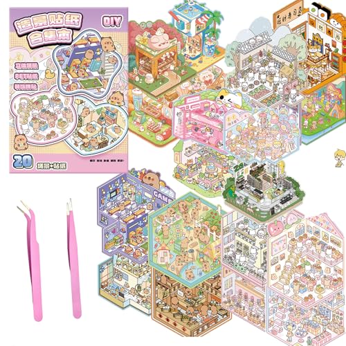 20 Sets DIY 3D House Stickers Kit Non-Toxic & Safe 3D Miniature Scene Therapy for Kids and Adults Stress Relief Sticker Scenes with Tweezers Reusable DIY Sticker Therapy Kit for Age 3+ (20set-2) von Wiskowee