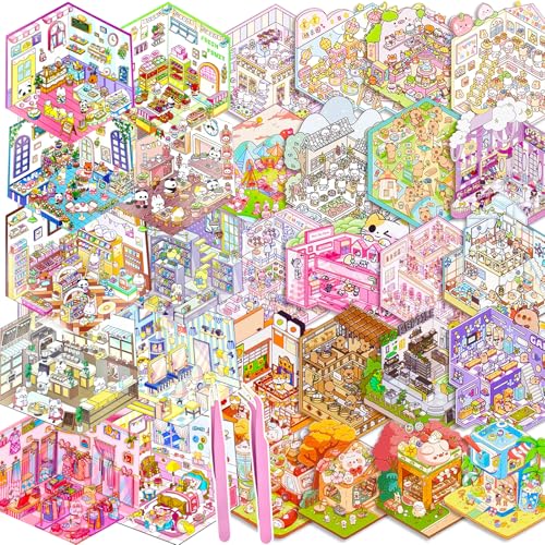 30 Sets DIY 3D House Stickers Kit Non-Toxic & Safe 3D Miniature Scene Therapy for Kids and Adults, Stress Relief Sticker Scenes with Tweezers Reusable DIY Sticker Therapy Kit for Age 3+ (30set-2) von Wiskowee