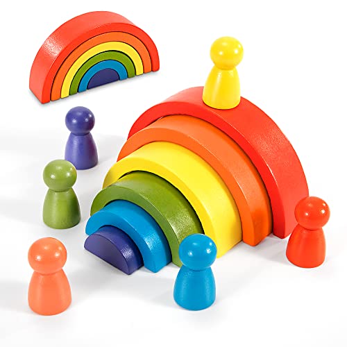 Holzbausteine Regenbogen aus Holz, 12 Stück Bunte Stapeln Montessori Spielzeug mit Holzfiguren Peg Dolls, Nesting Puzzle Spielen Blöcke Bausteine Motorik Lernspielzeug für Kinder Jungen Mädchen von Wisplye