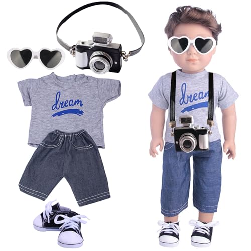5-teiliges 45,7 cm Puppen-Kleidungsset, 45,7 cm, Puppenzubehör, inklusive T-Shirt + Jeans + Puppenschuhe + Brille für 45,7 cm große amerikanische Puppenzubehör (ohne Puppe) von Wiydsha