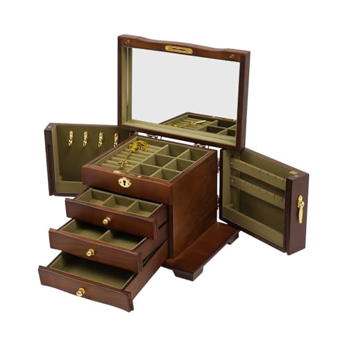 Schmuck Organizer Vintage Samt Schmuckschatulle aus Holz mit 4 Schublade & ausziehbare Schubladen Schmuckbox Schmuckkasten mit Spiegel & Schloss für Ringen Halsketten Schmuck Organizer Vintage Samt Schmuckschatulle aus Holz mit 4 Schublade & ausziehbare Schubladen Schmuckbox Schmuckkasten mit Spiegel & Schloss für Ringen Halsketten von Wiyuer
