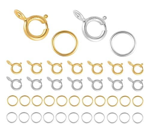 Wjelet 40 Stück Sterling Silber 925 Kettenverschluss Federverschlüsse, 18 Karat 5 mm Federschnalle mit Offenen Biegeringe für Armbänder Halskette Verlängerungskette Schmuckherstellung (Silber, Gold) von Wjelet