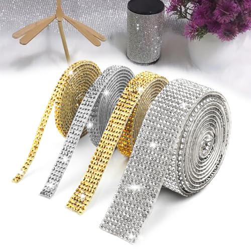 WKMAMO 4 Rollen selbstklebende Kristall-Strass-Sticker, Glitzersteine selbstklebend, DIY Diamantband, 4 Rollen in 4 Größen (Silber und Gold) ） von Wkmamo