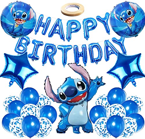 Stitch Luftballons, 26 WKxinxuan Stitch Banner Luftballons Geburtstag, Stitch Themen Happy Birthday Banner Luftballons,5Luftballon,20 Latex Ballons, Perfekt für Kindergeburtstag Deko von Wkxinxuan