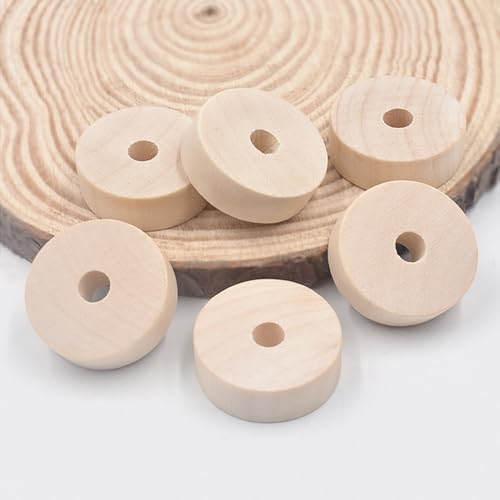 15 Stück 30 x 10 mm flache runde Rondelle-Form, Naturholz, lose Handarbeit, große Lochperlen für Bastelarbeiten, Holzarbeiten, Schmuckherstellung, Zubehör (30 x 10 mm, 15 Stück) von Wllpgolsil