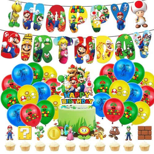 36 Stück Mario Geburtstagsdeko, Mario Geburtstag Deko, Cartoon Party Deko, WlsqDE Anime Luftballon, Anime Geburtstagsdeko, mit Banner, Tortendeko, für Kindergeburtstage von WlsqDE