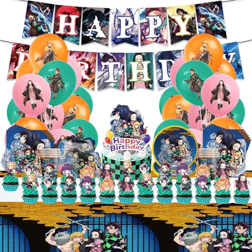 Demon Deko Geburtstag, 95 Stück Demon Partygeschirr, Anime Geburtstagsdeko, WlsqDE Tortendeko, Tischdeko, Party Deko, Party Geschirr Set, Tableware, Pappteller, für 10 Gäste von WlsqDE