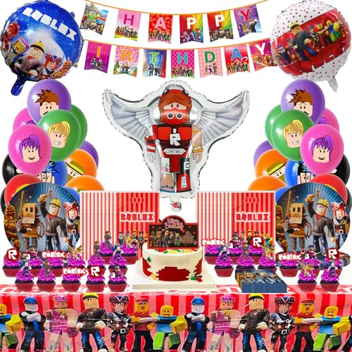 Roblx Deko Geburtstag, 111 Stück Roblx Geburtstagsdeko, Anime Partygeschirr, WlsqDE Tortendeko, Tischdeko, Party Deko, Luftballon, Geschenktüten, Tableware, Tischdecke, Pappteller, für 10-20 Gäste von WlsqDE
