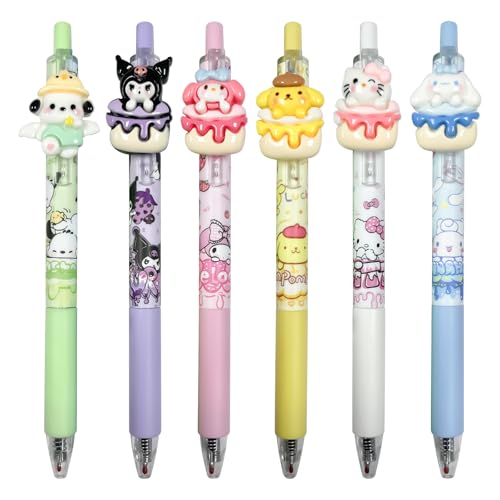 WlsqDE Kuromi Stifte, Kitty Stifte, 6 Kugelschreiber mit Sanrio Figur, Cinamrol Gelstifte Set, Kugelschreiber Set mit Sanrio, für Schule und Büro, Ideal für Anime Fans Mädchen & Teenager von WlsqDE
