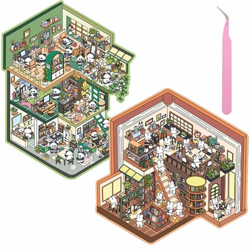 Wnqou 2 Sets DIY 3D Haus Aufkleber & große 3D Miniatur simulierte Hüttenszene Aufkleber - Niedliche Cartoon-Szene Sticker für Erwachsene und Kinder, lustiges Kaninchen Lesezimmer & Panda Hütte von Wnqou