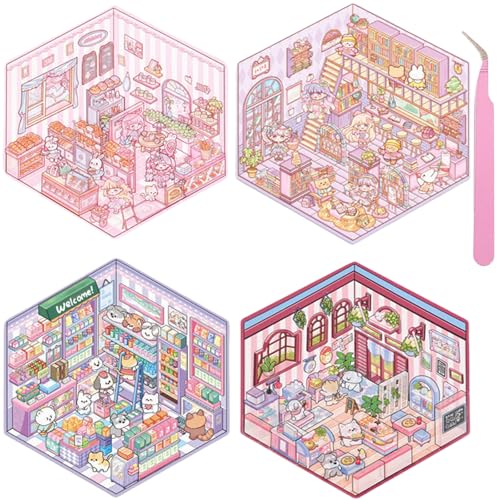 Wnqou 4 Sets DIY 3D Aufkleber - Mini simulierte Hütte & Supermarkt Bäckerei Szenen, Niedliche Cartoon-Szene Sticker für Erwachsene und Kinder, 3D House Sticker Spiele für Mädchen Wnqou 4 Sets DIY 3D Aufkleber - Mini simulierte Hütte & Supermarkt Bäckerei Szenen, Niedliche Cartoon-Szene Sticker für Erwachsene und Kinder, 3D House Sticker Spiele für Mädchen von Wnqou