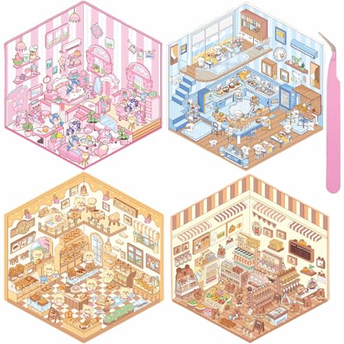 Wnqou 4 Sets DIY 3D Haus Aufkleber, Supermarkt & gemütliche Hüttenszenen, Niedliche Cartoon-Szene Sticker für Erwachsene und Kinder, 3D House Sticker Spiele für Mädchen von Wnqou
