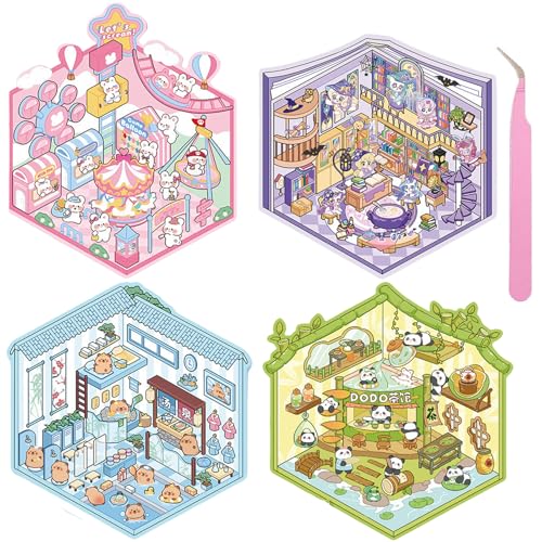 Wnqou 4 Sets DIY 3D Haus Aufkleber mit adorable Panda Teehaus & Miniatur Hot Spring Cottage Scenes - Niedliche Cartoon-Szene Sticker für Erwachsene und Kinder, Magic House Sticker Spiele für Mädchen Wnqou 4 Sets DIY 3D Haus Aufkleber mit adorable Panda Teehaus & Miniatur Hot Spring Cottage Scenes - Niedliche Cartoon-Szene Sticker für Erwachsene und Kinder, Magic House Sticker Spiele für Mädchen von Wnqou