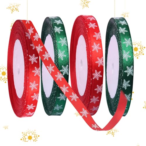 WoRuyKot 100 m 4 Rollen Weihnachts Band, Weihnachts Rotes Grünes Band, Schneeflocke Satinband, Frohe Weihnacht Geschenkband, Weihnachten Schleifenband für Weihnachten Dekoration (Rot, Grün) von WoRuyKot