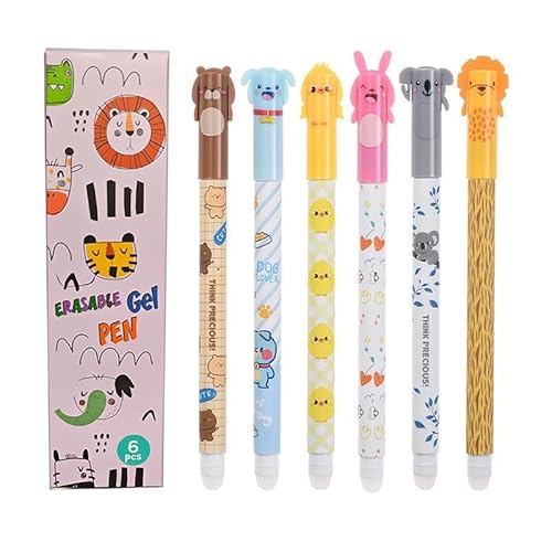 6 Stück Radierbarer Kugelschreiber, Radierbare Stifte Bundle, 0,5 mm Spitze, Kugel am Ende zum Entfernen der Tinte, Kawaii Verschiedene Tiermotive für Kinder Studenten Schule Büro(1) von WoRuyKot