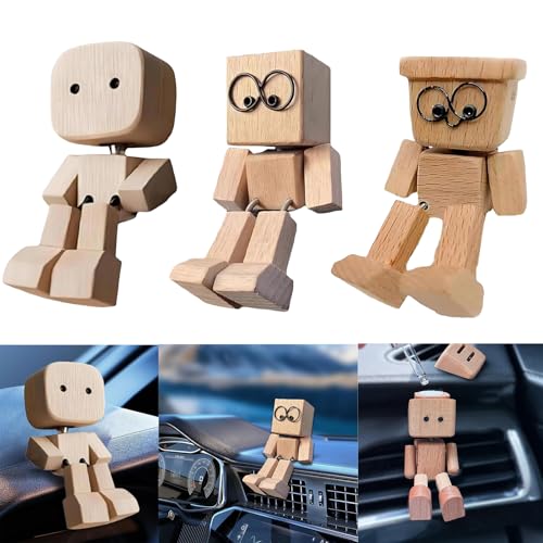 Woalopted Wackelnde Holzfigur, 3 Stück Wackelnder Holzmann Mit Füßen, Schüttelnde Holzmann Figur, Handgefertigte Holz Wackel Auto Deko, Lustige Schreibtisch Ornamente von Woalopted