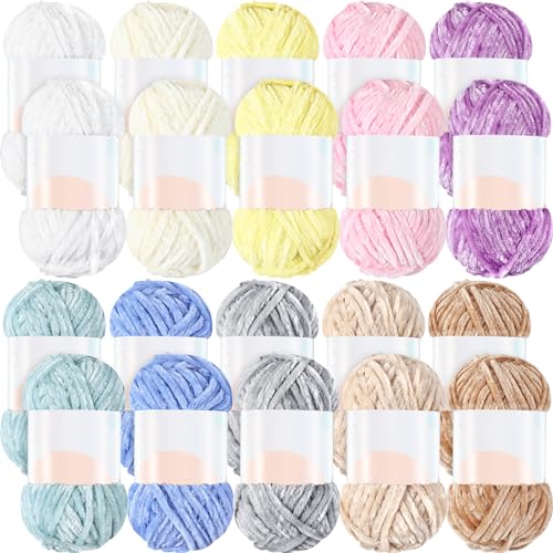 Woanger 20 Knäuel weiches Chenille-Garn, Samt, Deckengarn zum Häkeln, Handstricken, Weben, Basteln, 10 Farben, je 90 m (lebendige Farbe) von Woanger