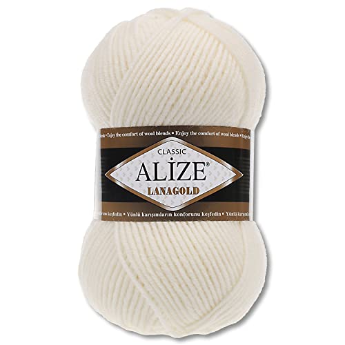 Alize 100 g Lanagold Wolle | 53 verschiedenen Farben zur Auswahl | Stricken Häkeln (62 | Hellcreme) von Wohnkult