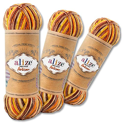 Alize 3 x 100 g Superwash Artisan Sockenwolle Premium 16 verschiedene Farben zur Auswahl Kontrast Häkeln Stricken (9006) von Wohnkult