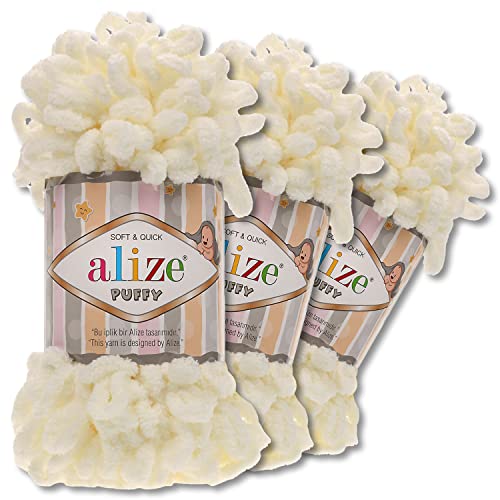Alize 3x100 g Puffy PREMIUM Wolle 62 Farben zur Auswahl Chenille Schlaufenwolle Stricken und Häkeln ohne Hilfsmittel (62 | Hellcreme) von Wohnkult