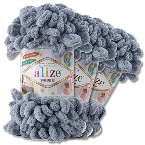 Alize 3x100 g Puffy PREMIUM Wolle 62 verschiedene Farben zur Auswahl Chenille Schlaufenwolle Stricken und Häkeln ohne Hilfsmittel (428 | Grau) von Wohnkult