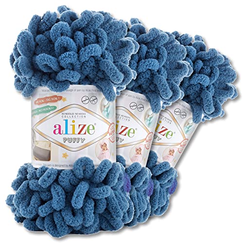 Alize 3x100 g Puffy PREMIUM Wolle 62 verschiedene Farben zur Auswahl Chenille Schlaufenwolle Stricken und Häkeln ohne Hilfsmittel (637 | Indigo) von Wohnkult