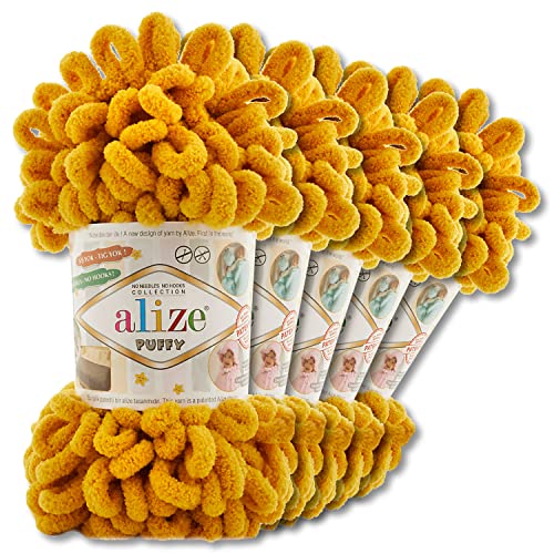 Alize 5 x 100 g Puffy Wolle Chenille Schlaufenwolle Häkeln und Stricken ohne Hilfsmittel Kleidung Accesoire Decken Teppiche (02 | Senf) von Wohnkult
