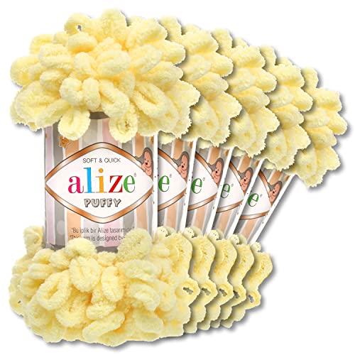 Alize 5 x 100 g Puffy Wolle Chenille Schlaufenwolle Häkeln und Stricken ohne Hilfsmittel Kleidung Accesoire Decken Teppiche (13 | Hellgelb) von Wohnkult