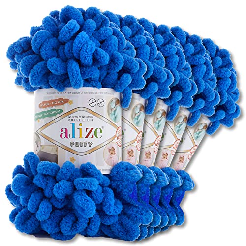 Alize 5 x 100 g Puffy Wolle Chenille Schlaufenwolle Häkeln und Stricken ohne Hilfsmittel Kleidung Accesoire Decken Teppiche (141 | Königsblau) von Wohnkult