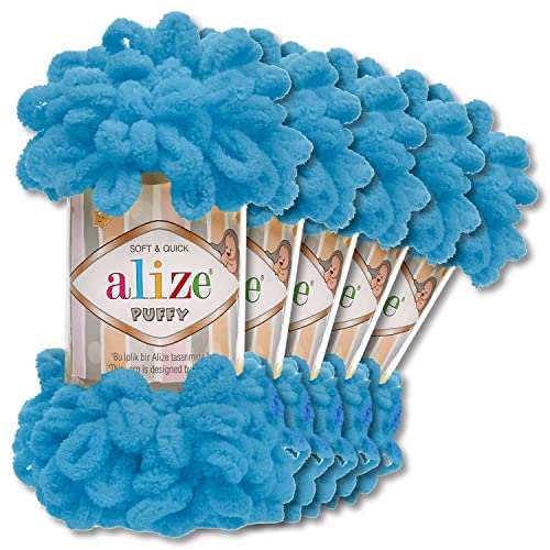 Alize 5 x 100 g Puffy Wolle Chenille Schlaufenwolle Häkeln und Stricken ohne Hilfsmittel Kleidung Accesoire Decken Teppiche (16 | Azurblau) von Wohnkult