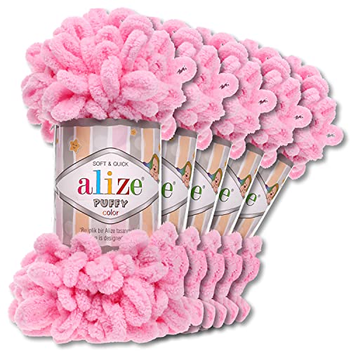 Alize 5 x 100 g Puffy Wolle Chenille Schlaufenwolle Häkeln und Stricken ohne Hilfsmittel Kleidung Accesoire Decken Teppiche (185 | Rosa) von Wohnkult