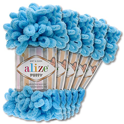 Alize 5 x 100 g Puffy Wolle Chenille Schlaufenwolle Häkeln und Stricken ohne Hilfsmittel Kleidung Accesoire Decken Teppiche (287 | Himmelblau) von Wohnkult