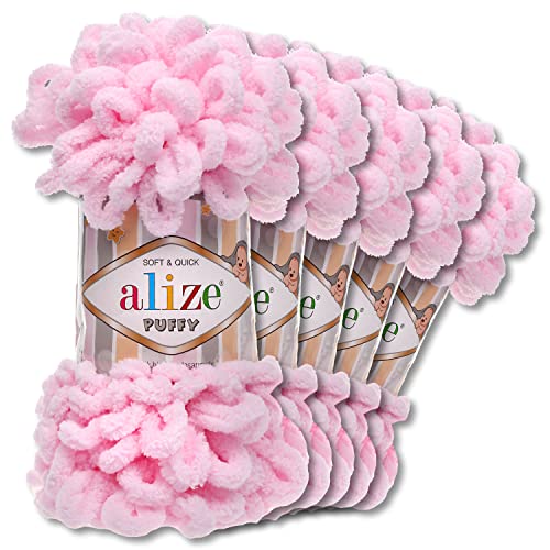 Alize 5 x 100 g Puffy Wolle Chenille Schlaufenwolle Häkeln und Stricken ohne Hilfsmittel Kleidung Accesoire Decken Teppiche (31 | Babyrosa) von Wohnkult