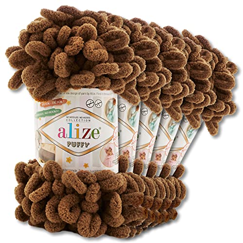 Alize 5 x 100 g Puffy Wolle Chenille Schlaufenwolle Häkeln und Stricken ohne Hilfsmittel Kleidung Accesoire Decken Teppiche (321 | Mokka) von Wohnkult