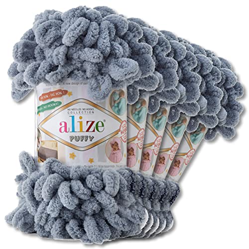 Alize 5 x 100 g Puffy Wolle Chenille Schlaufenwolle Häkeln und Stricken ohne Hilfsmittel Kleidung Accesoire Decken Teppiche (428 | Grau) von Wohnkult