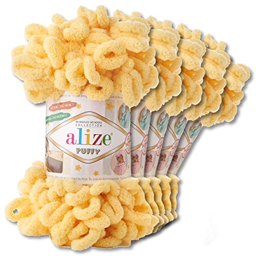 Alize 5 x 100 g Puffy Wolle Chenille Schlaufenwolle Häkeln und Stricken ohne Hilfsmittel Kleidung Accesoire Decken Teppiche (509 | Zitrone) von Wohnkult