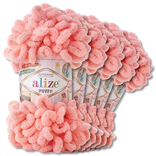 Alize 5 x 100 g Puffy Wolle Chenille Schlaufenwolle Häkeln und Stricken ohne Hilfsmittel Kleidung Accesoire Decken Teppiche (529 | Lachsrosa) von Wohnkult