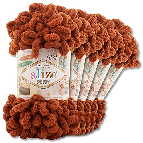 Alize 5 x 100 g Puffy Wolle Chenille Schlaufenwolle Häkeln und Stricken ohne Hilfsmittel Kleidung Accesoire Decken Teppiche (597 | Zimt) von Wohnkult