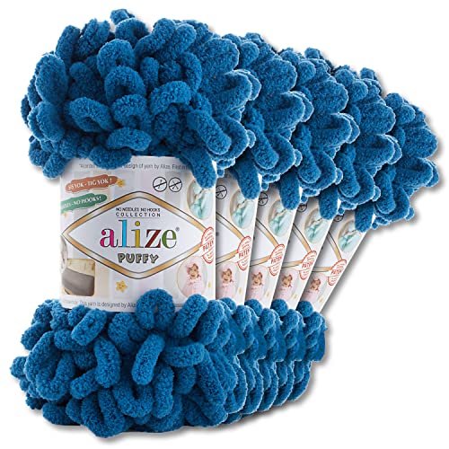 Alize 5 x 100 g Puffy Wolle Chenille Schlaufenwolle Häkeln und Stricken ohne Hilfsmittel Kleidung Accesoire Decken Teppiche (646 | Petrol) von Wohnkult