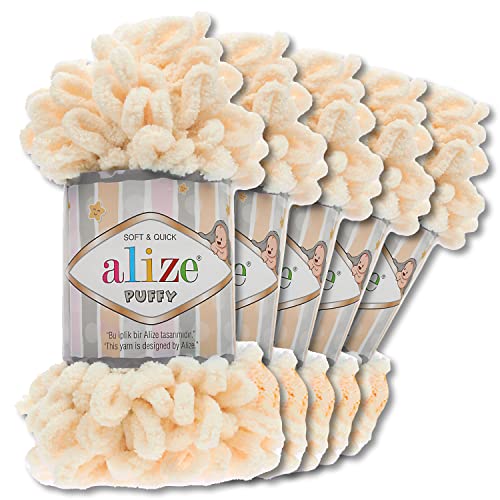 Alize 5 x 100 g Puffy Wolle Chenille Schlaufenwolle Häkeln und Stricken ohne Hilfsmittel Kleidung Accesoire Decken Teppiche (742 | Pfirsich) von Wohnkult