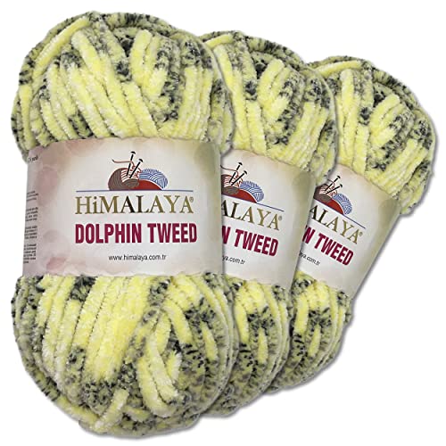 Himalaya 3 x 100 g Dolphin Tweed Chenille Wolle Flauschwolle Samtgarn Velourgarn Amigurumi Babywolle (92003 | Gelb) von Wohnkult