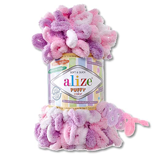 Wohnkult Alize 100 g Puffy Color Premium Wolle 26 Farbkombinationen Chenille Handarbeit Häkeln und Stricken OHNE Hilfsmittel (6051) von Wohnkult