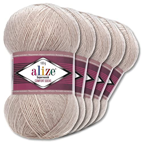 Wohnkult Alize 5x100g Superwash Comfort Sockenwolle 33 Farben zur Auswahl EIN-/Mehrfarbig (152 | Hellbeige Melange) von Wohnkult