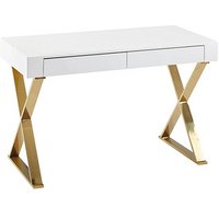 WOHNLING Schreibtishc 118 cm weiß hochglanz Schreibtisch weiß rechteckig, X-Fuß-Gestell gold 118,0 x 57,0 cm von Wohnling