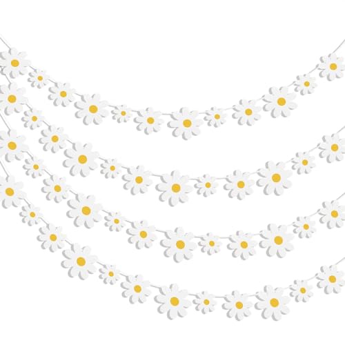 4 Stück Gänseblümchen Dekoration Blumen Banner, Weiß Gänseblümchen Geburtstag Dekoration Girlande Banner für Frühling Sommerparty Mädchen Geburtstag Party Dekorationen (Weiß, 4 Stück) von Woiltryn