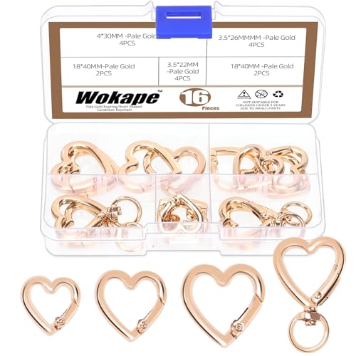 Woakpe 16PCS Schlüsselanhänger Sortiment Kit, 0,62 "0,7" 0,78 "1" (ID) Herz geformte Schlüsselanhänger Clip Gold Trigger Frühling Karabiner Kreative Schlüsselanhänger Herz Form Metall Snap Haken Set von Wokape