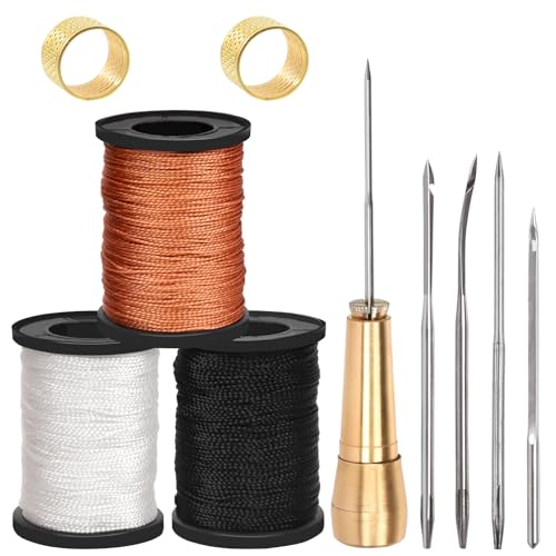 Wokape 10Pcs Leinwand Leder Nähen Awl Nadeln Sortiment Kit enthält gerade und gebogene Nadeln, 3 Farben 50m gewachste Nylonschnur Faden mit Spulen, Kupfergriff, Fingerhut für DIY, Lederreparatur von Wokape