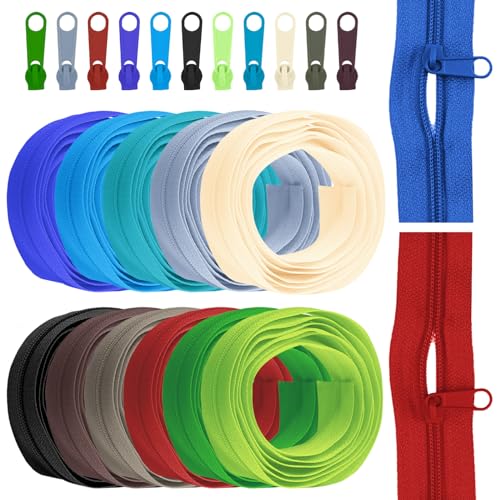 Wokape 121Pcs Nähen Reißverschlüsse #3 Nylon Coil Reißverschlüsse Verschiedene Kit Enthält 110Pcs 11 Farben Reißverschlüsse und 11Pcs 2.7M/106 Zoll #3 Nylon Coils Fit für DIY Schneider Nähen Handwerk von Wokape
