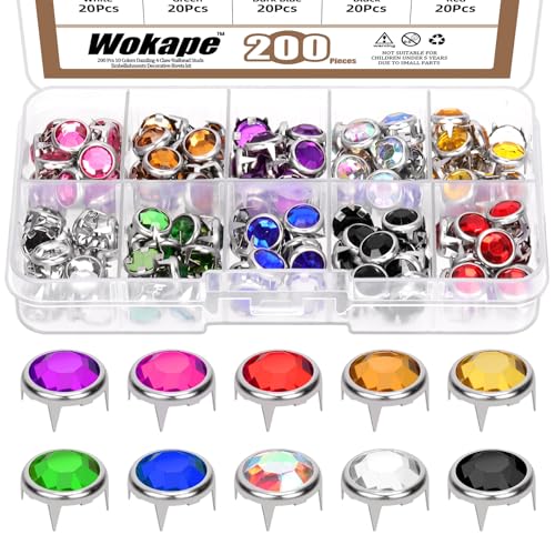 Wokape 200Pcs 10MM（0.39In) Rhinestone Stud Refill Sortiment Set 10 Farben Dazzling Crystal Claw Beads 4 Claw Nailhead Rivet Punk Copper Spikes Dekorative Nieten für DIY Leder Handwerk Kleidung von Wokape